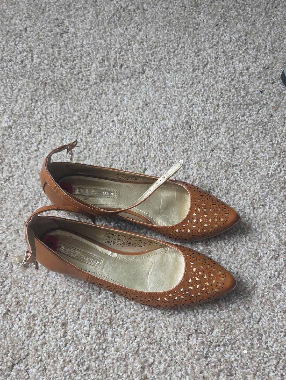 BCBGeneration Tan Laser-Cut Pointed Mary Jane Flats